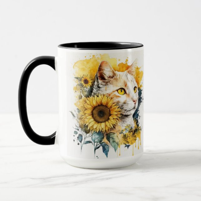 WASSERFARBENTABBYKATZE MIT SONNENBLUMEN TASSE (Links)