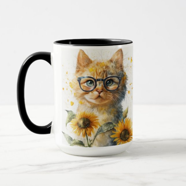 WASSERFARBENTABBYKATZE MIT SONNENBLUMEN TASSE (Links)