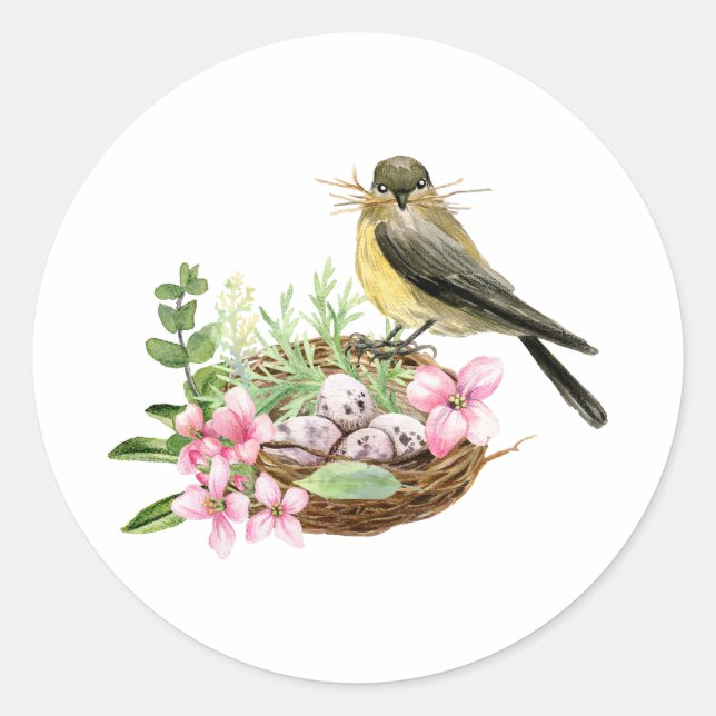 Wasserfarbenvogel auf dem Nest mit rosa Blume Runder Aufkleber (Vorderseite)