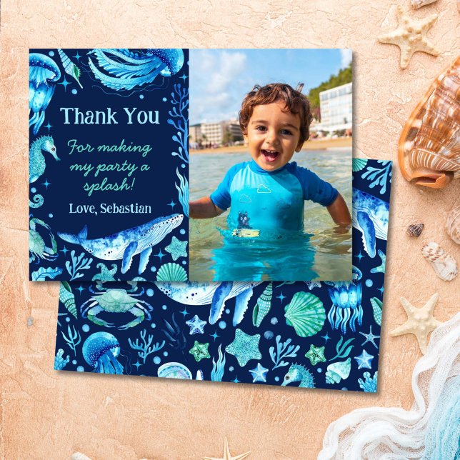 Wasserfarbenwal unter dem Foto der Meereskreaturen Dankeskarte (Watercolor Whale Under the Sea Creatures Photo Thank You Card)