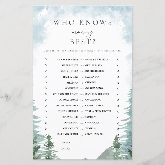 Wasserfarbenwald Babydusche Mommy Game (Vorderseite)