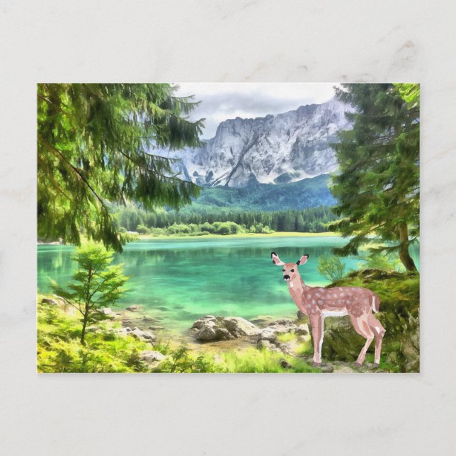 Wasserfarbenwald Hirschsee Landschaft Postkarte (Vorderseite)
