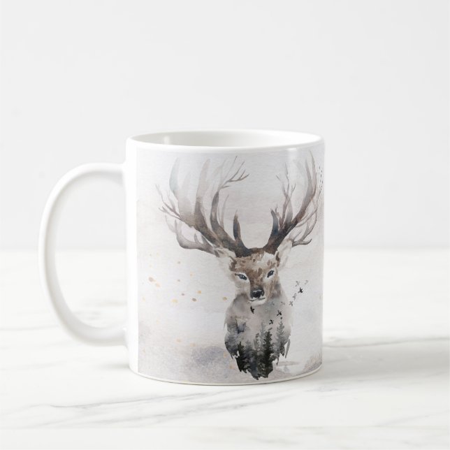 Wasserfarbenwald Hirschwinterfest Tasse (Links)