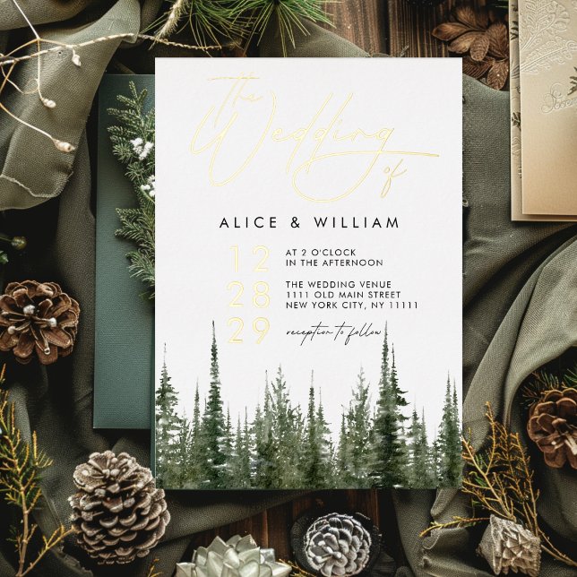 Wasserfarbenwald Pinienbäume Rustikale Hochzeit Folieneinladung (Watercolor Forest Pine Trees Rustic Wedding Foil Invitation)