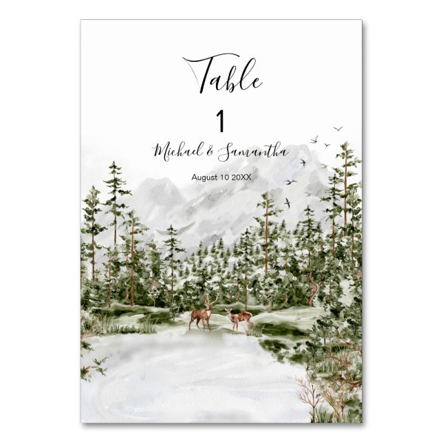 Wasserfarbenwald Rustikale Hochzeit Tischnummer (Vorderseite)