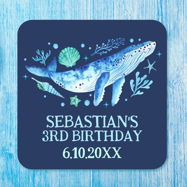 Wasserfarbenwald unter dem Party Navy Blue Rechteckiger Pappuntersetzer (Watercolor Whale Under the Sea Party Navy Blue Square Paper Coaster)
