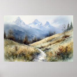 Wasserfarbenwaldweg durch Berglandschaften Poster