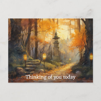 Wasserfarbenwaldweg durch Fallwälder bei Dämmerung Postkarte