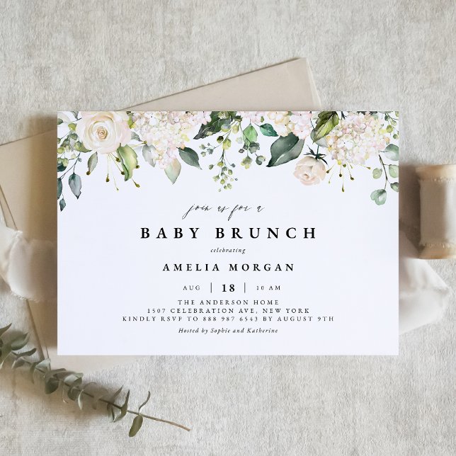 Wasserfarbenweißer Rose und Hydrangea Baby Brunch Einladung (Von Creator hochgeladen)