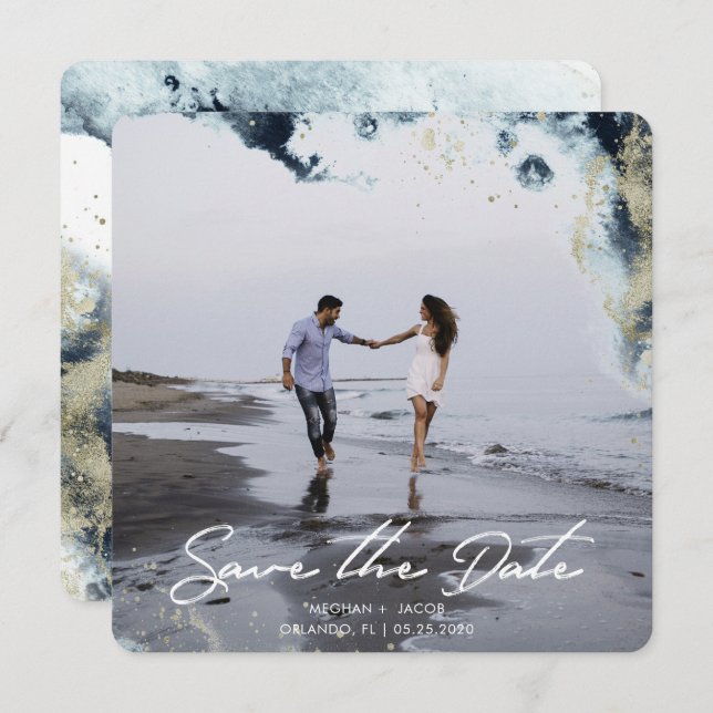 Wasserfarbenwellen Foto Save the Date Karte (Vorne/Hinten)