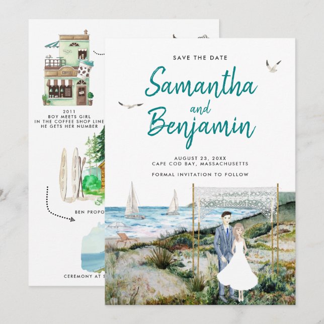 Wasserfarbenzeitachse Hochzeit Sichern des Datums  Ankündigung (Vorne/Hinten)