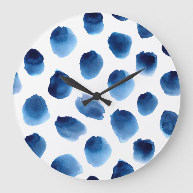 Wasserfarbige blaue Punkte: Handgemalt nahtlos Große Wanduhr (Vorderseite)