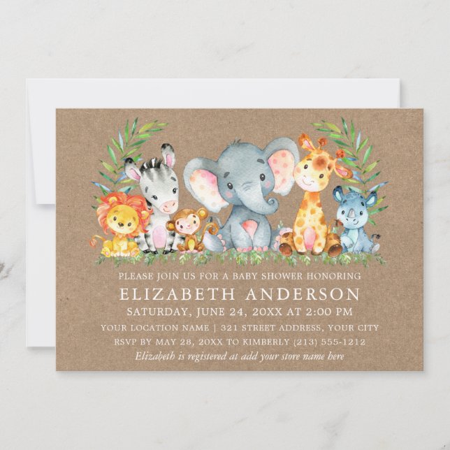 Wasserfarbige Safari Tiere Girl Baby Dusche Kraft Einladung (Vorderseite)