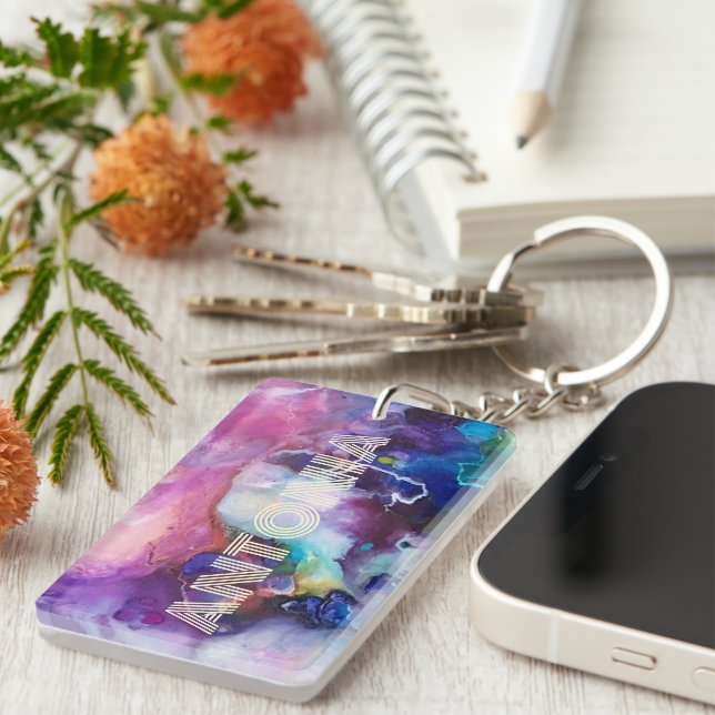 Wasserfarbiger Regenbogen Name für whimsical perso Schlüsselanhänger (Vorderseite rechts)