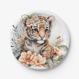 Wasserfarbiger Tiger in Blume Pappteller