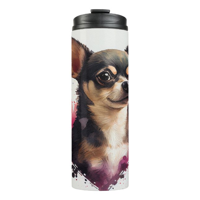 Wasserfarbiges Chihuahua-Portrait mit Herz-Form Thermosbecher (Vorderseite)