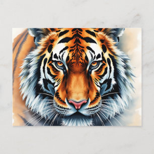 Wasserfarbiges Tiger-Portrait mit scharfen Augen Postkarte