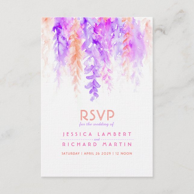Wasserfarbkaskadierung lila-Orangenhochzeit RSVP Karte (Vorderseite)