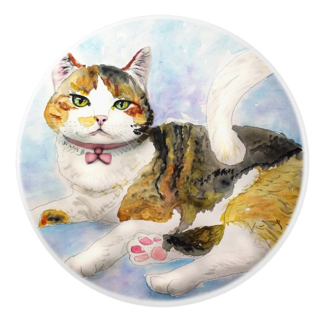 Wasserfarbkatze Keramikknauf (Vorderseite)