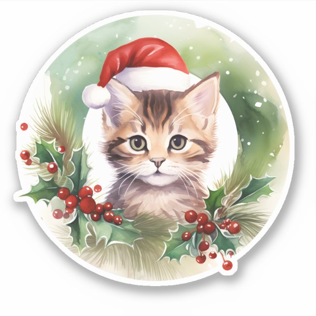 Wasserfarbkatze mit Holly Berry Kreath Aufkleber (Vorderseite)