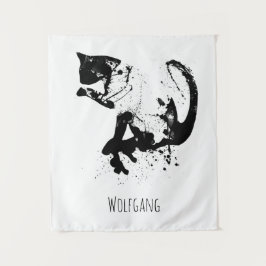 Wasserfarbkatze, schwarze Katze, Minimal, Schwarz  Wandteppich