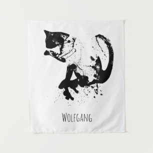 Wasserfarbkatze, schwarze Katze, Minimal, Schwarz  Wandteppich