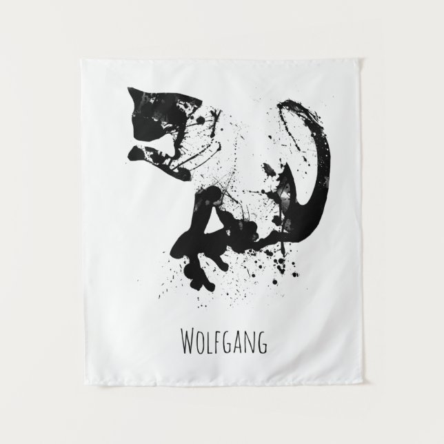 Wasserfarbkatze, schwarze Katze, Minimal, Schwarz  Wandteppich (Vorderseite)