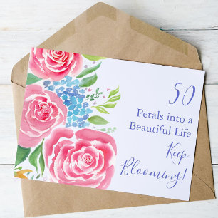 Wasserfarblose Rose & Hydrangea 50. Geburtstag Karte
