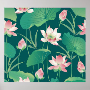 Wasserfarblotus: Vintage nahtlose Blume. Poster