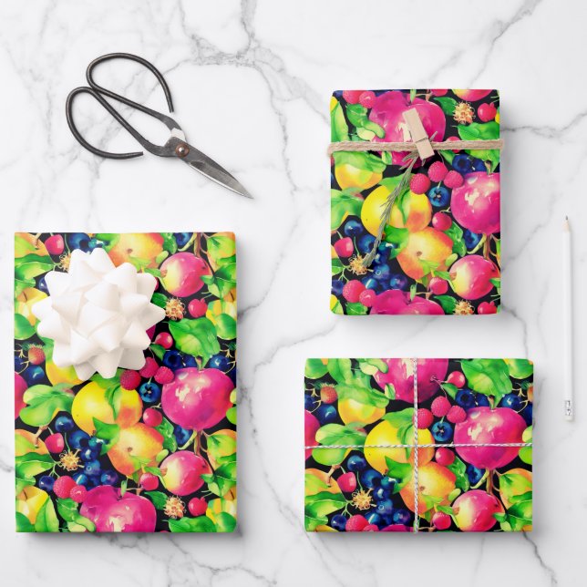 Wasserfarbmontage bunter Früchte Geschenkpapier Set (Vorderseite)