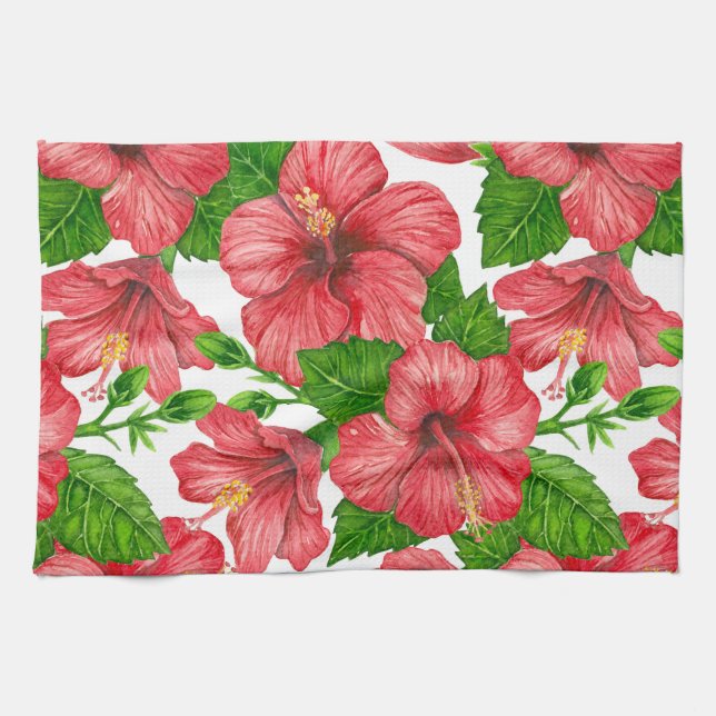 Wasserfarbmuster des roten Hibiskus Geschirrtuch (Horizontal)