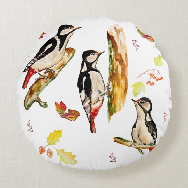 Wasserfarbmuster mit Vogelspecht Rundes Kissen (Vorderseite)