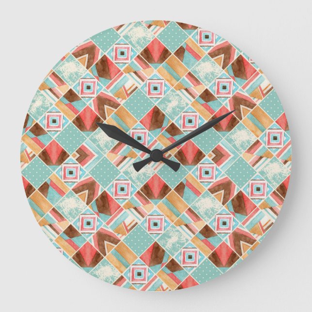 Wasserfarbquadrat, geometrischer Patchwork-Hinterg Große Wanduhr (Vorderseite)