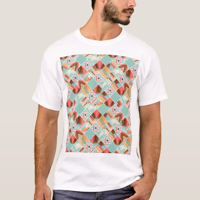 Wasserfarbquadrat, geometrischer Patchwork-Hinterg T-Shirt (Vorderseite)