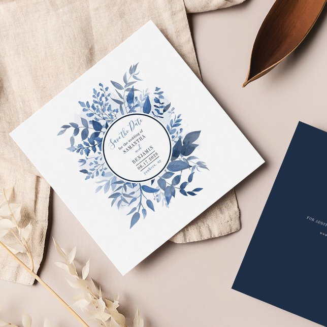 Wasserfarbskriptfolien Navy Blue Save the Date Mitteilungskarte (Dusty Blue Floral Script Wedding Save the Date Square Card)