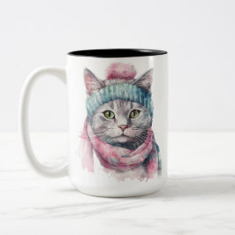 WASSERFARBTABBY MIT PINK & BLUE HAT SCARF ZWEIFARBIGE TASSE