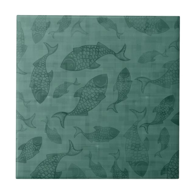 Wasserfisch-Schablonen-Kunst Teal Bokeh-Muster Fliese (Vorderseite)