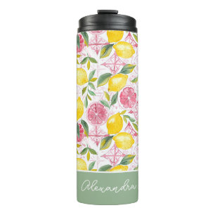 Wasserflasche mit individuellem Zitronenmuster und Thermosbecher