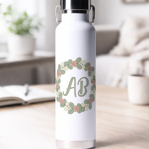 Wasserflasche mit Kranz aus rosa Rosen und Monogra Trinkflasche