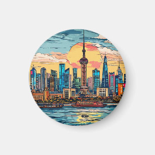 Wasserfront-Skyline von Shanghai bei Sonnenunterga Magnet