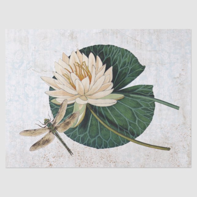 Wasserlilie Blume Dragonfly Decoupage Vintag Blau Seidenpapier (Vorderseite)