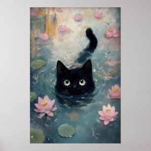 Wasserlilie Schwarzkatze Druck, Katze in dunklem W Poster