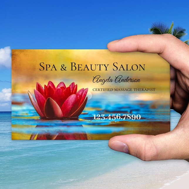 Wasserlilie Wellness-Center Beauty Massage Busines Visitenkarte (Business card featuring a painting of a colorful water lily. Spa, beauty salon or massage therapist)