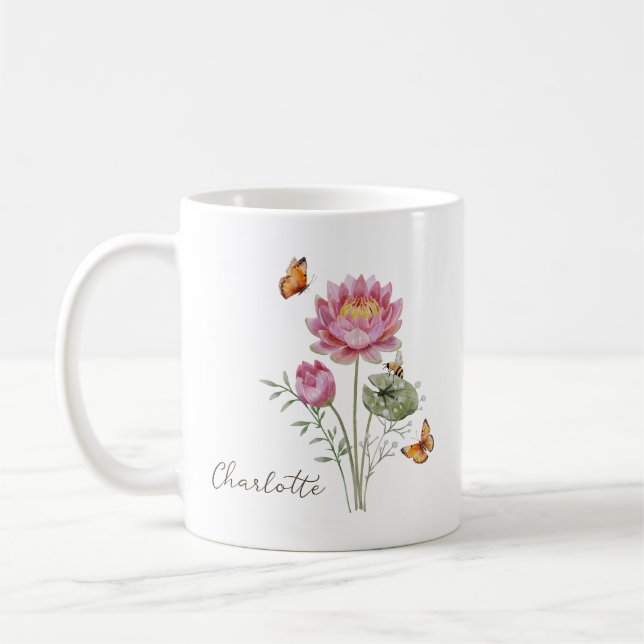 Wasserlilien-Geburtsmonatsblume Kaffeetasse (Links)