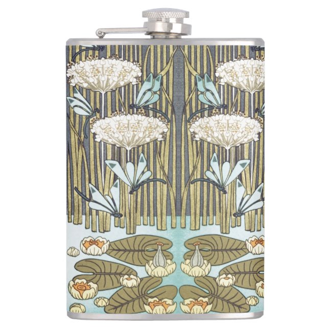 Wasserlilien, Libellen, Marsh Art Nouveau Flachmann (Vorderseite)