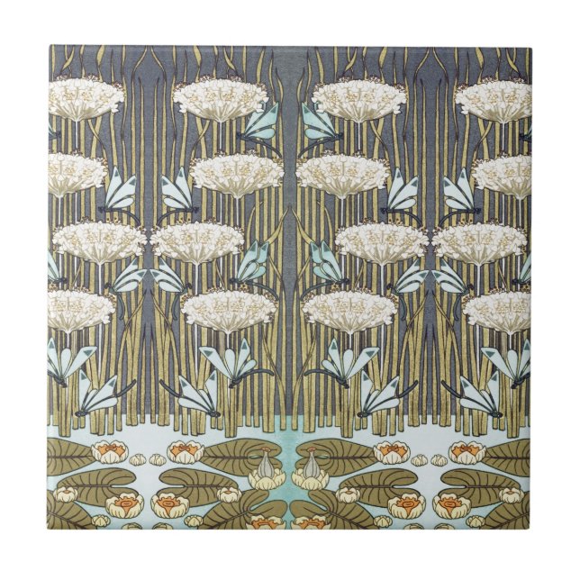 Wasserlilien, Libellen, Marsh Art Nouveau Fliese (Vorderseite)
