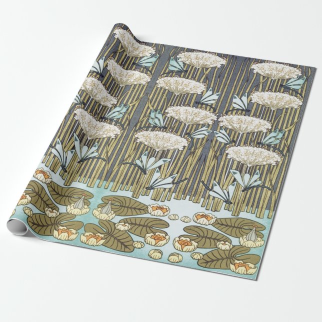 Wasserlilien, Libellen, Marsh Art Nouveau Geschenkpapier (Ungerollt)