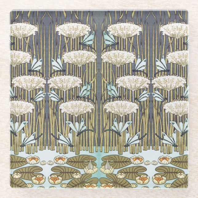 Wasserlilien, Libellen, Marsh Art Nouveau Glasuntersetzer (Vorderseite)