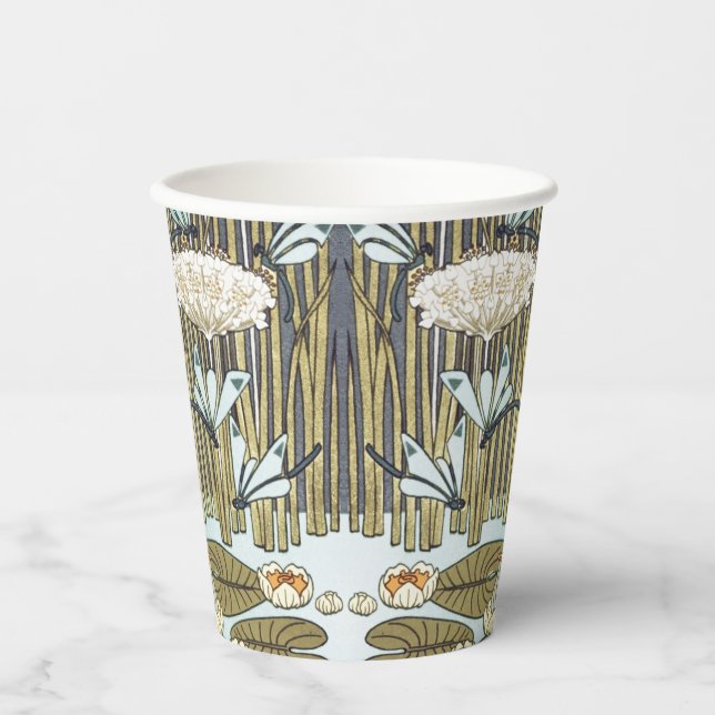Wasserlilien, Libellen, Marsh Art Nouveau Pappbecher (Vorderseite)