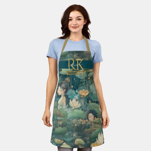 Wasserlilien Märchengrüne Farbtöne für Monogramm Schürze (Getragen)